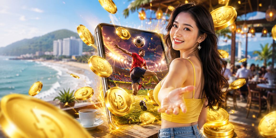 Người chơi cá cược thể thao bên bãi biển Vũng Tàu với tách cà phê trên bàn